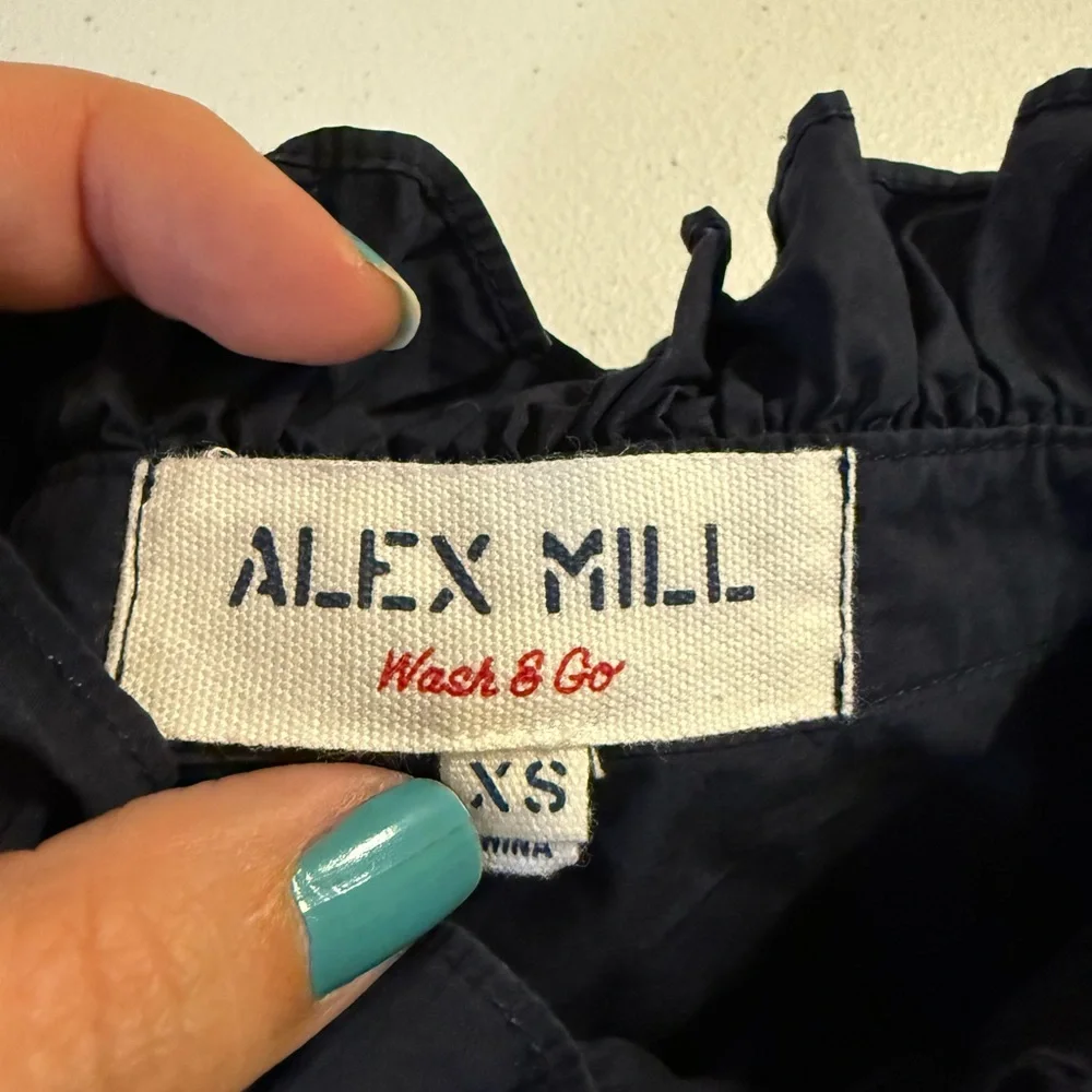 Alex Mill Navy Ruffle Neck Blouse Womens XS Cotton Elegant Trendy Button Up - Picture 5 of 8